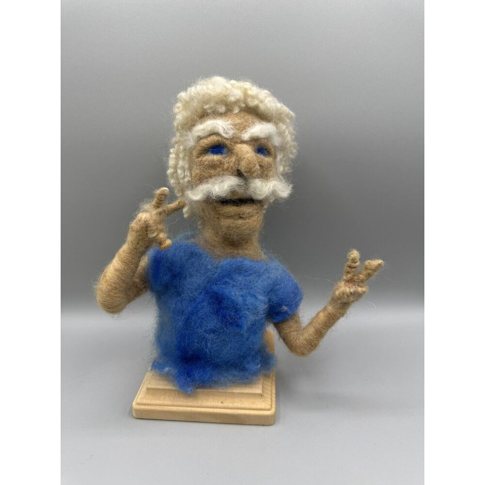 Needle-felted 100% Wool Over Wire Old Man Einstein on Wood Base Folk Art